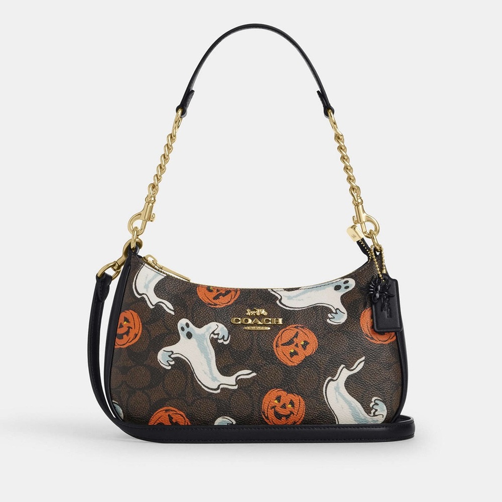 NWT Coach Teri Shoulder Bag In Signature Canvas Pumpkin Halloween Print CCE71